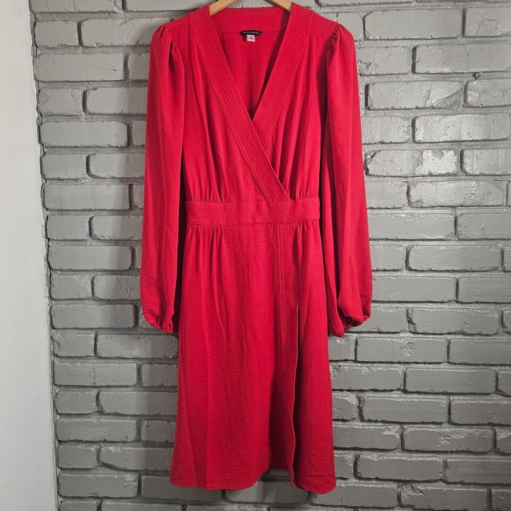 Tommy Hilfiger Red Textured Crepe Wrap Midi Dress Long Puff Sleeve Womens 14